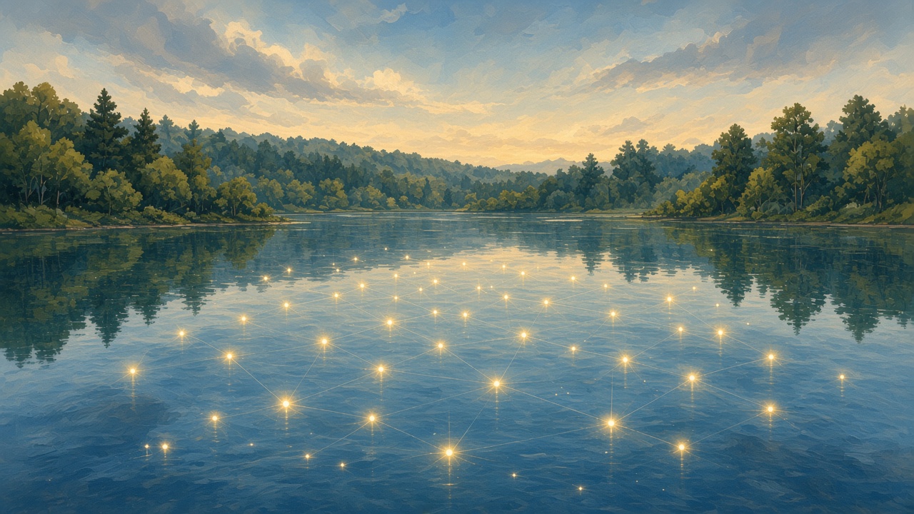 Painted pond surface where wave patterns resolve into clear geometric light