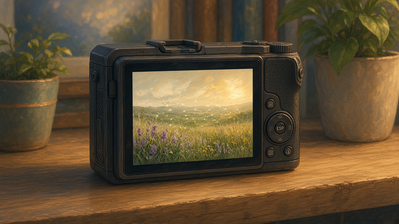 Painted small garden camera catching a still flower that stays on the shelf