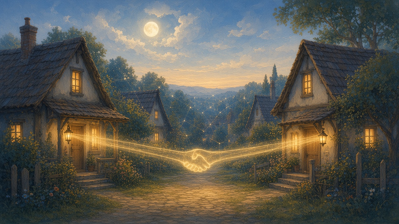 Painted two porch lights shaking soft beams across a quiet street