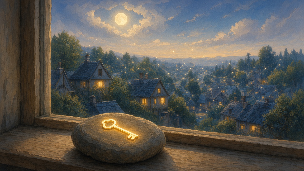 Painted tiny key of light resting on a chip-sized stone by a windowsill