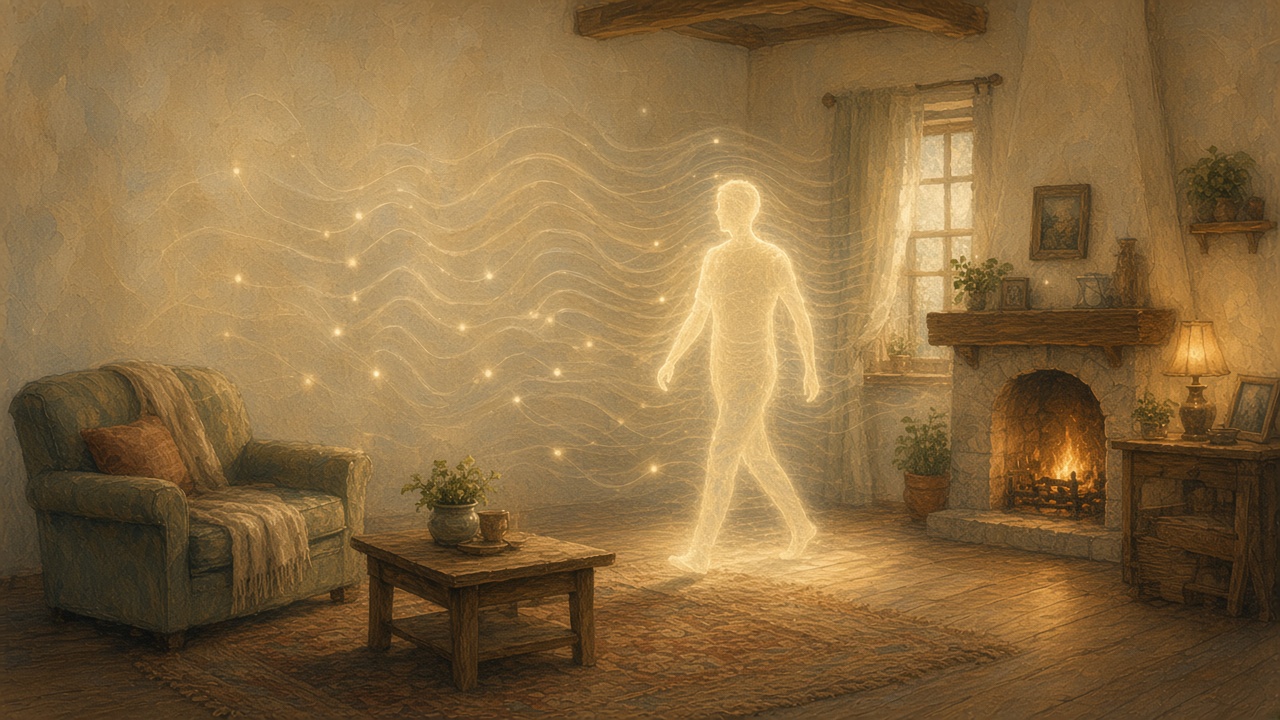 Painted living room sensing soft Wi-Fi ripples that reveal motion as gentle light