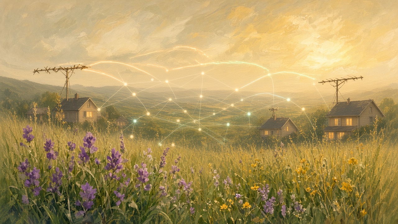 Painted garden antennas among flowers sending quiet colored arcs between homes