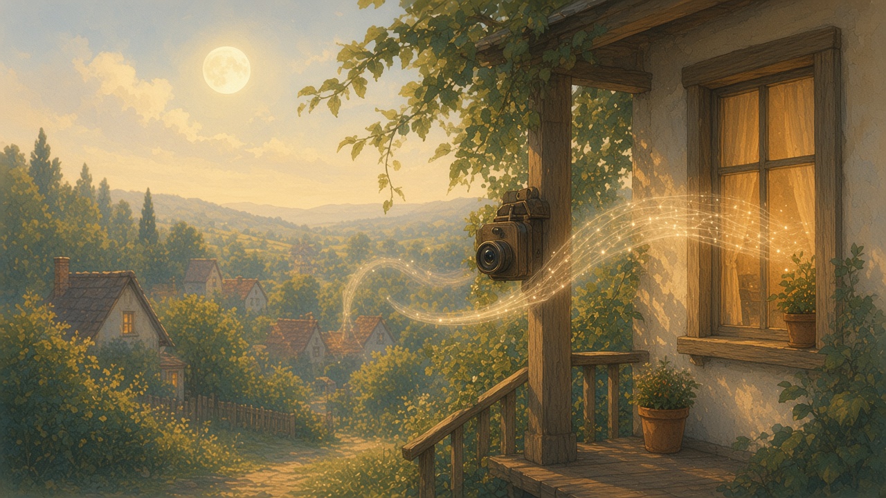 Painted porch camera sending a soft local stream to a nearby window frame