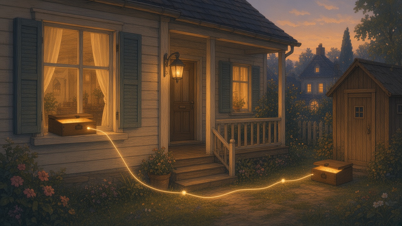 Painted house at dusk where one thread of light runs from a far window to a porch lantern and a garden shed