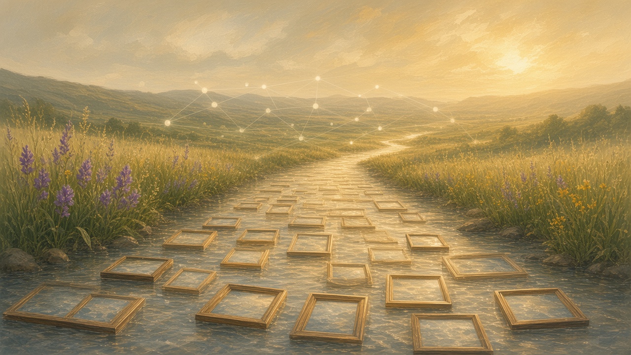 Painted wide river of frames narrowing into a bright efficient channel