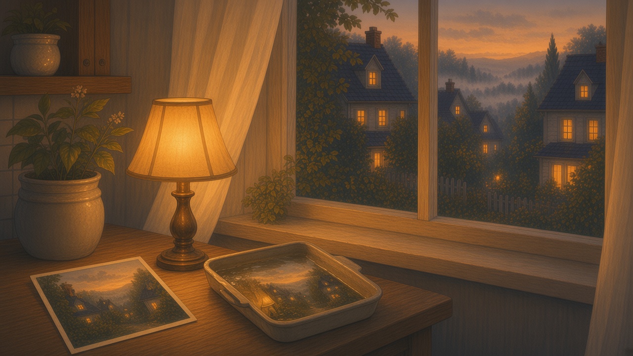 Painted dusk room where a dry landscape print lies beside a tray that still holds its wet twin