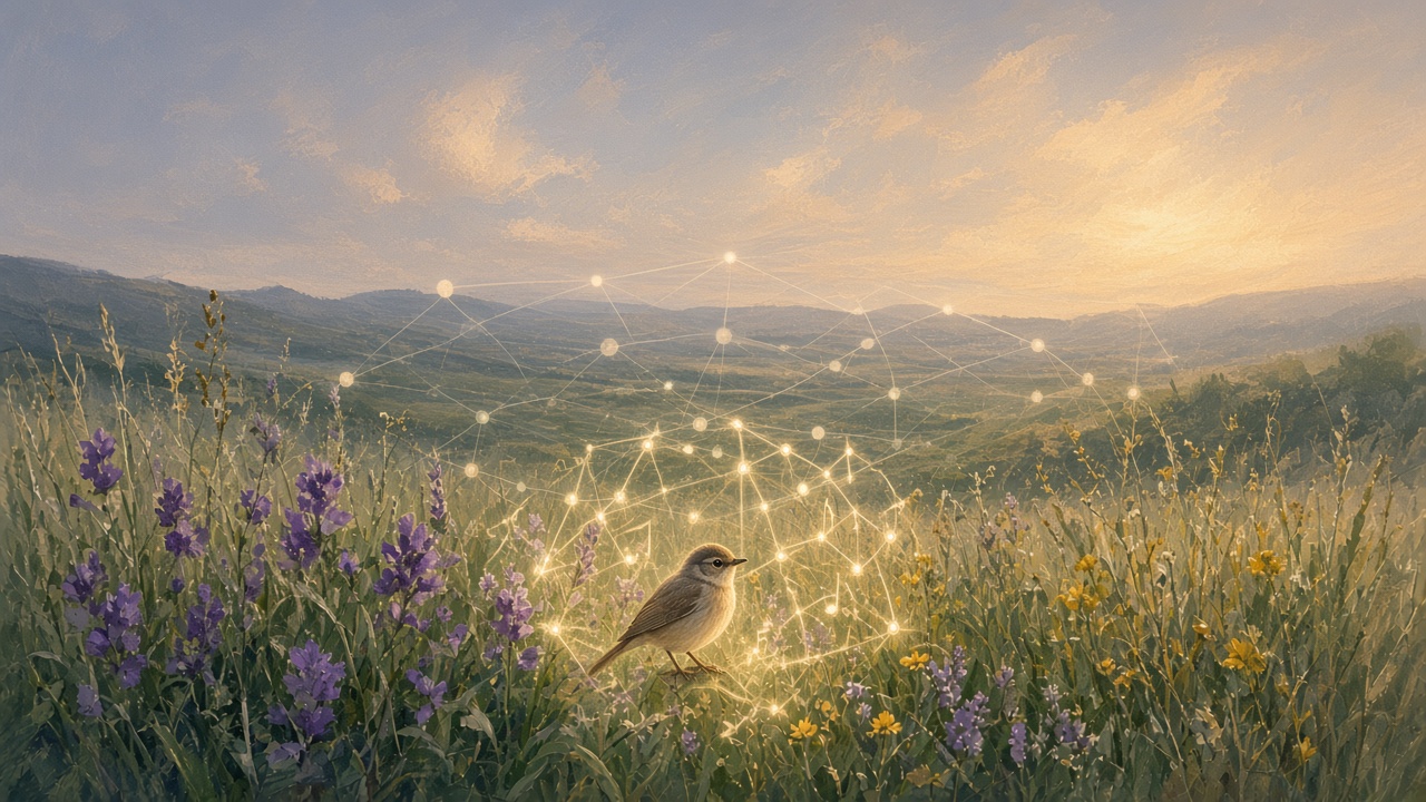 Painted songbird whose small cage of light still holds a full melody