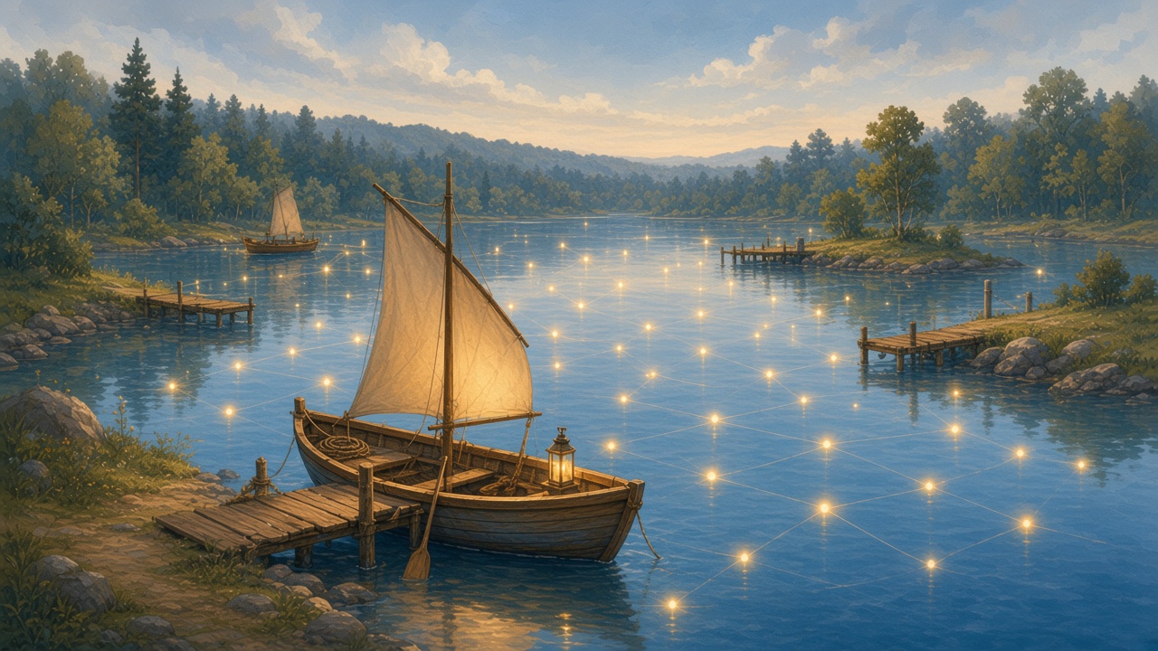 Painted same small boat safely docking at many different shores