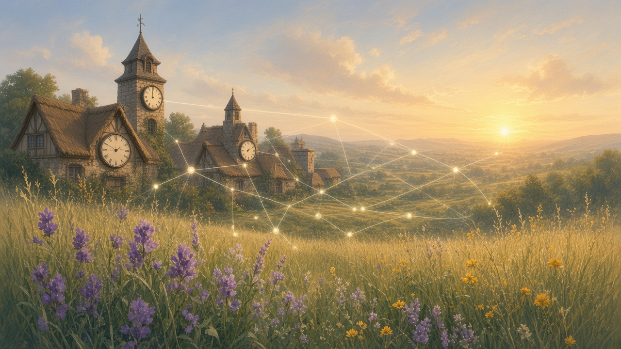 Painted village clocks softly aligning to one distant dawn signal