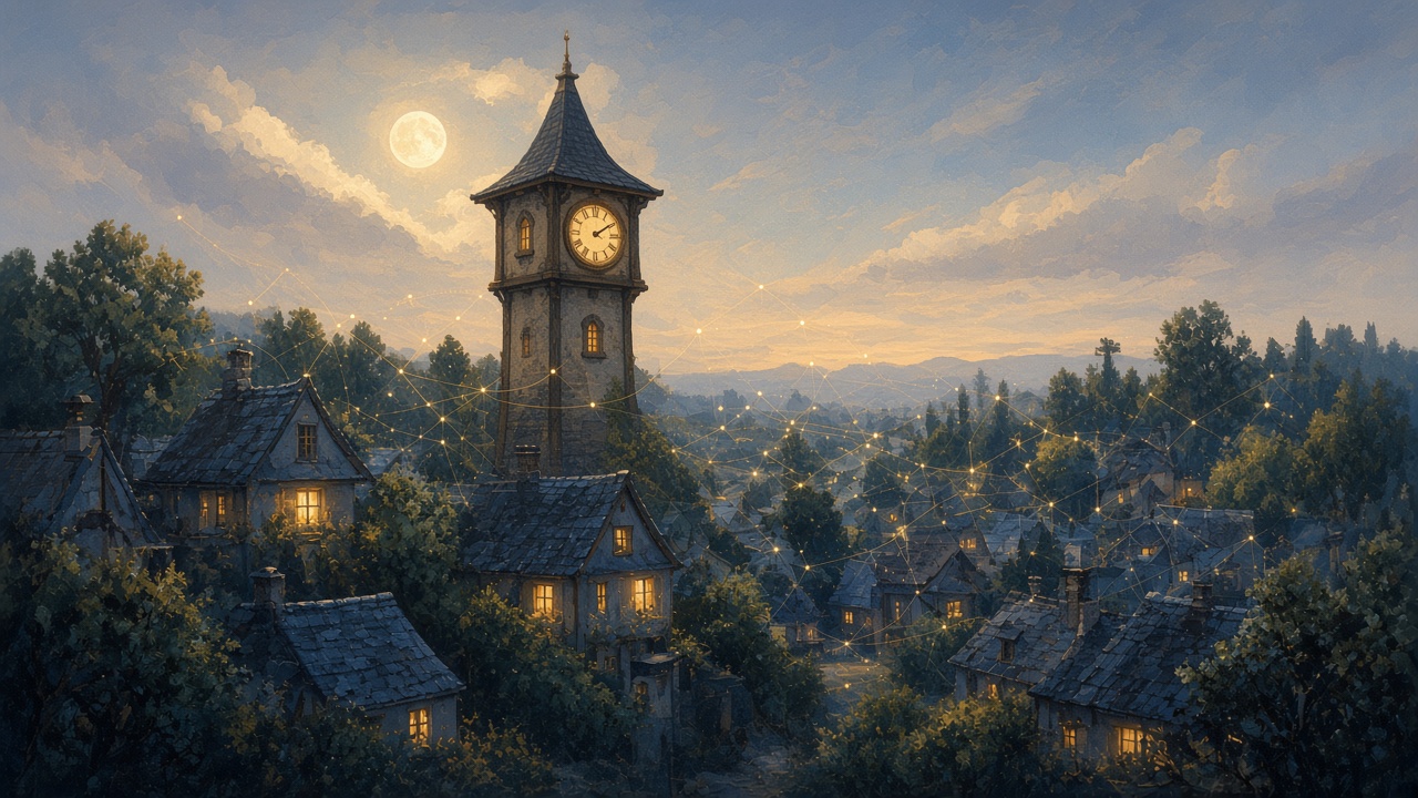 Painted neighborhood clocktower keeping honest time under soft night lights