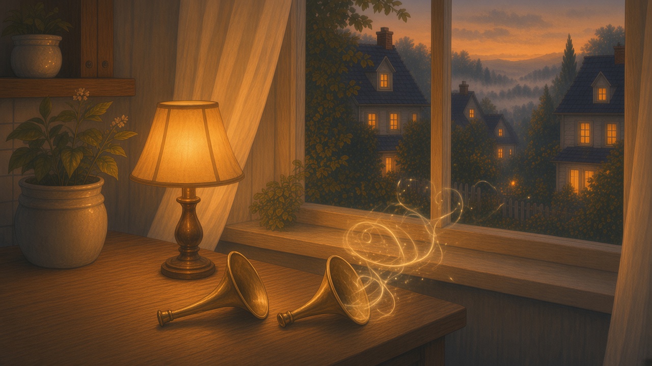 Painted dusk room where one small horn is quiet and its twin still holds a ribbon of light