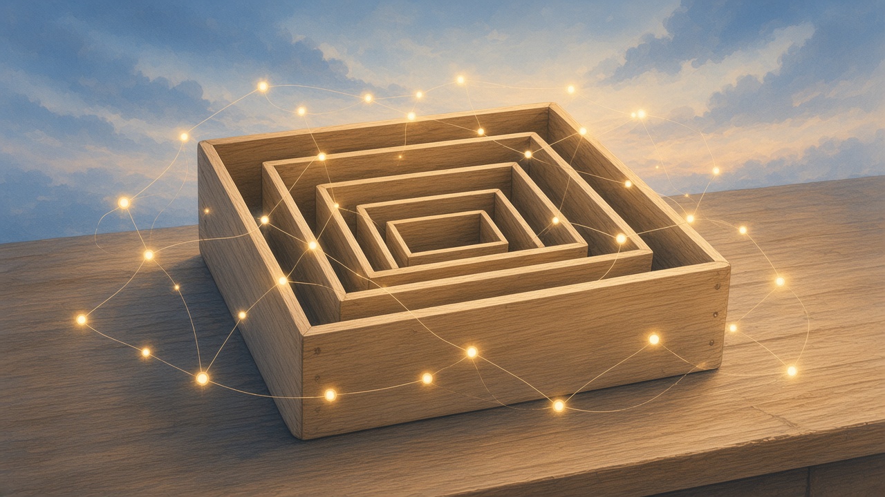 Painted nested wooden boxes opening into a clear readable structure