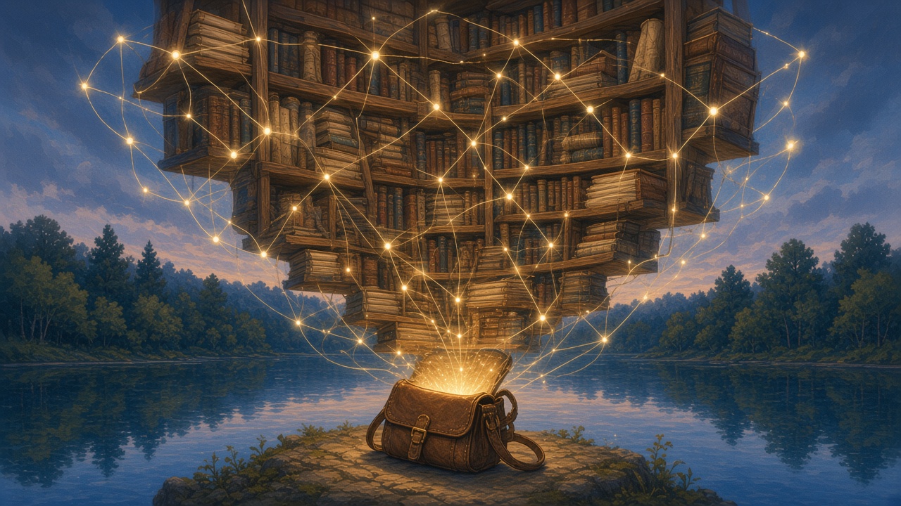 Painted tall library compressed into a small glowing satchel that still holds every book