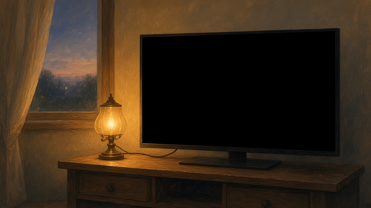 Painted living room at dusk where the television is dark and a small lamp is the only light