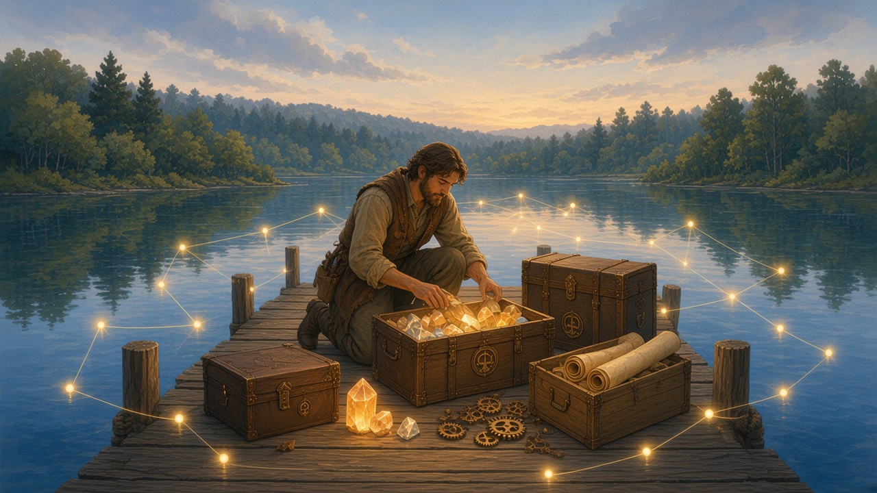 Painted careful packing of objects into labeled traveling cases on a dock