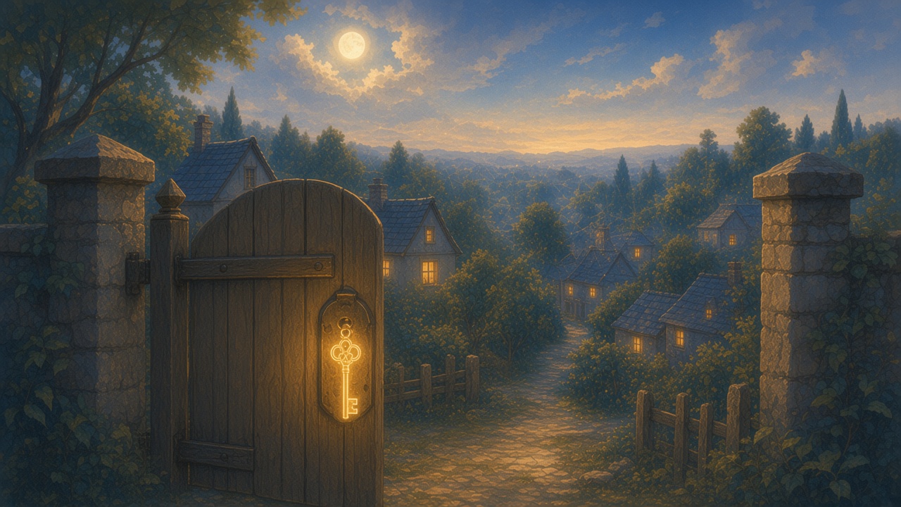 Painted neighborhood gate at dusk with a key of light already in the lock on the near side