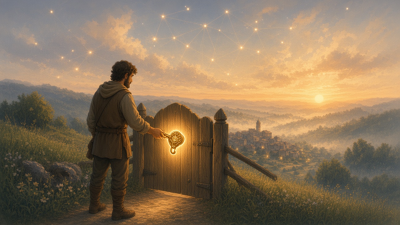 Painted person signing a gate with their own signet ring of light