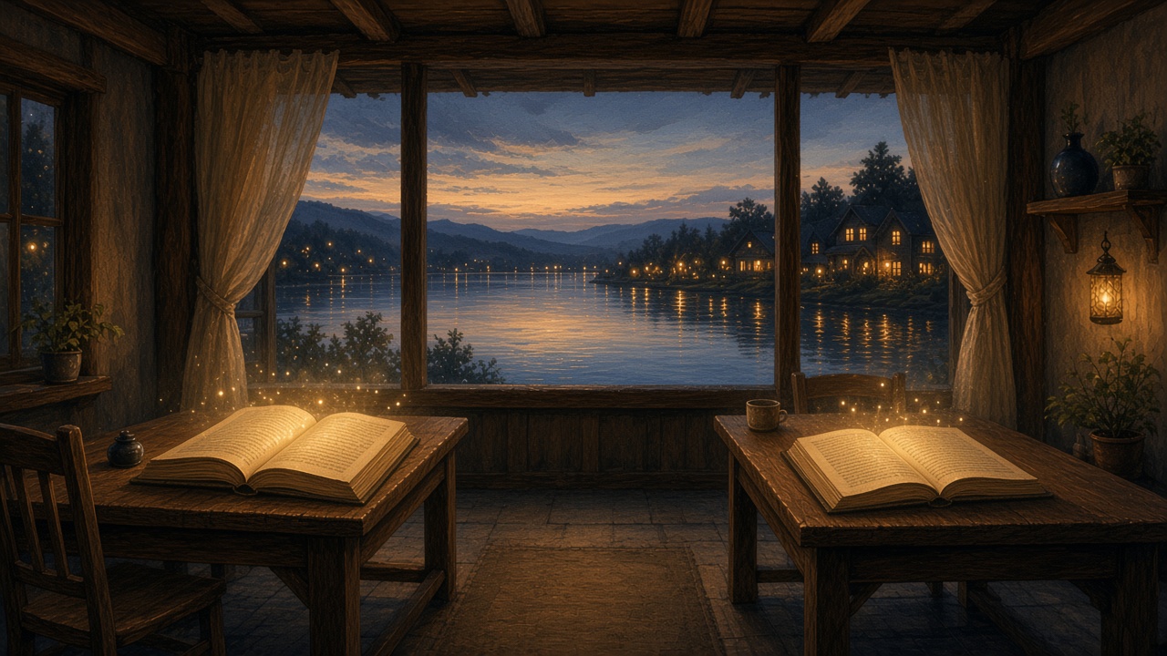 Painted study at dusk where two open ledgers share the same warm light across a quiet room