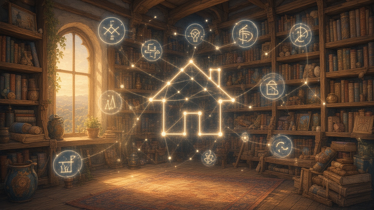 Painted house library of glyphs and phrases glowing softly on wooden shelves