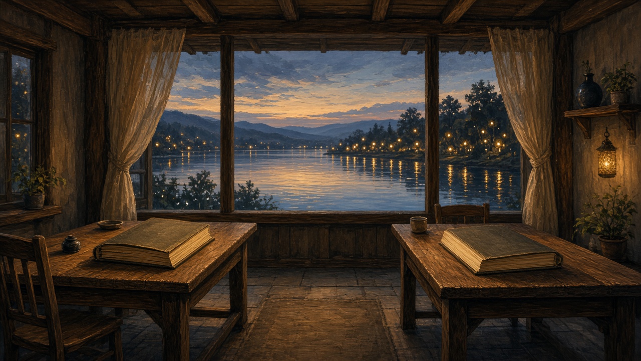 Painted lakeside reading room at dusk where two cloth-bound ledgers face each other and soft mesh lights glow along the far shore