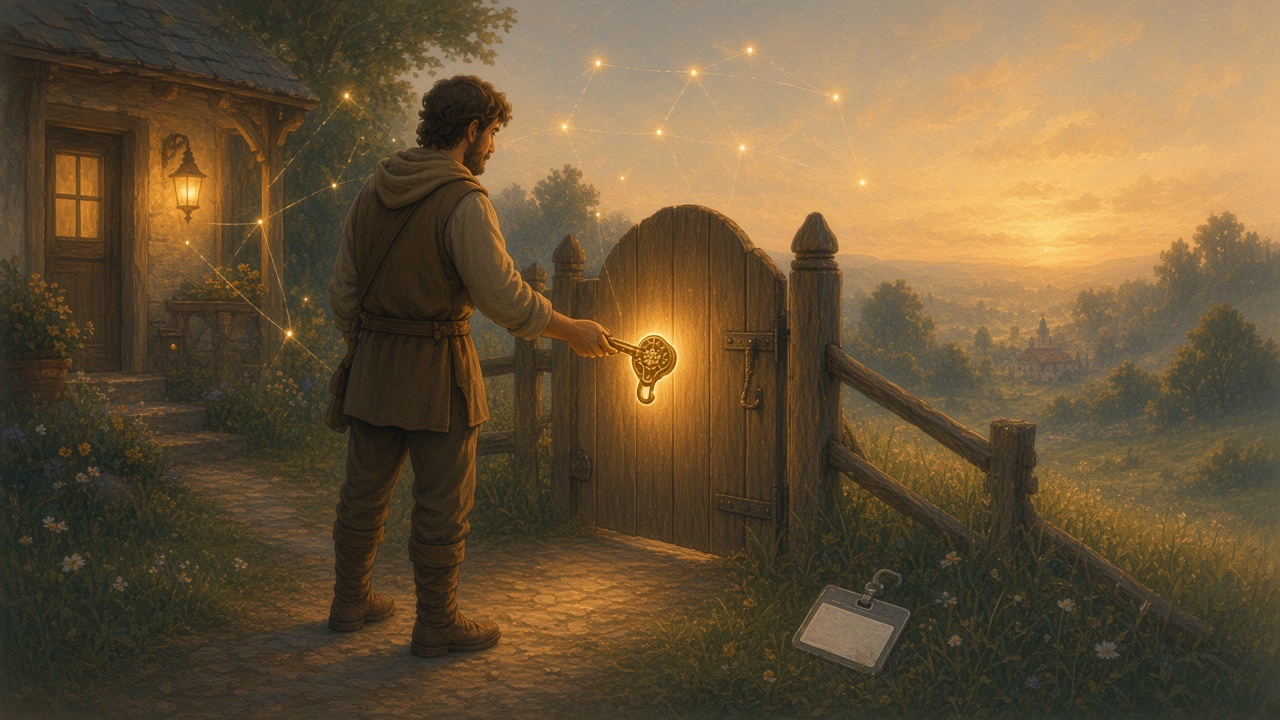 Painted person unlocking a neighborhood gate with their own glowing key while a rented badge lies unused in the grass